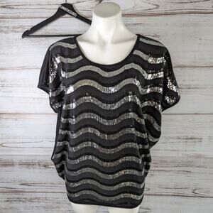 Lipstick Body Central Sequin Wave Stripe Black and Silver Dolman Top Small New